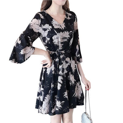 

Floral Print V Neck Dress Women Plus Size Lace Slim Elegant Tunic Dresses