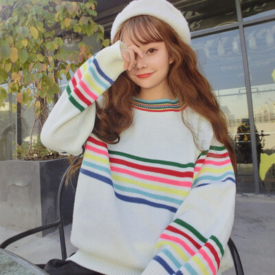 

Loose Casual Sweater Long Sleeve O-Neck Pullover Tops Striped Sweaters Knitted Tops