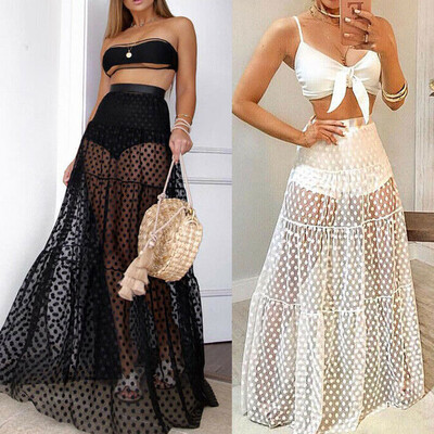 

Summer Womens Ladies High Waist Lace Mesh Maxi Skirt Long Dress Beach Cover up