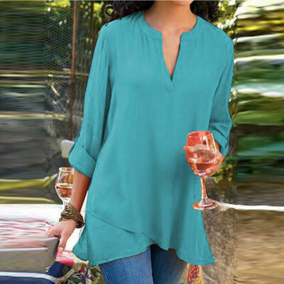 

Nomeni Women Casual Solid Boho Long Sleeve V-Ncek Irregularity Top T-Shirt Blouses