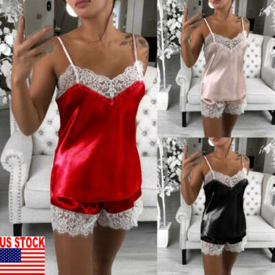 

Summer Women Sexy Pajamas Silk Pijamas Sleepwear Deep V Sling Lingerie Set US