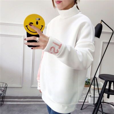 

Womens hooded capless color matching sweater high collar long sleeve thickening shirt fashion delicate embroidery print sweater