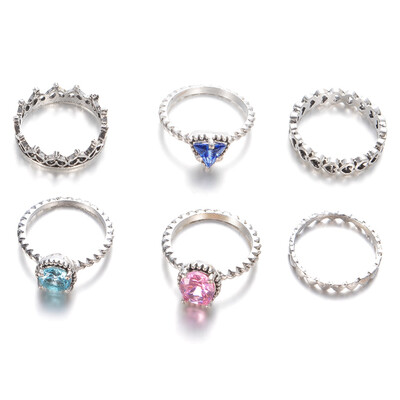

Bohemian Fashion Heart Blue Pink Rhinestone Set Rings 6 Piece Ring Female Charms Jewelry Knuckle Rings for women