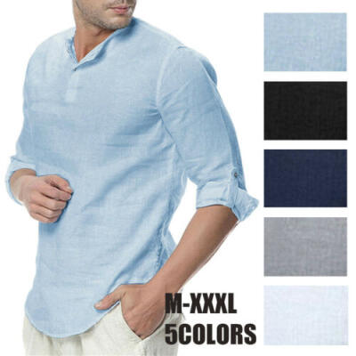 

Men Linen Tops Blouse Lapel Long Sleeve Button Shirts Holiday Cotton Summer New