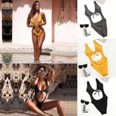 

Women Fashion Sexy Deep V neck Bandage Striangle Bikini One Piece Solid Monokini Swimwear Beachsuit