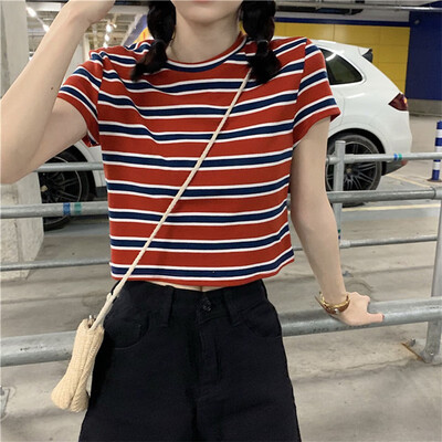

Girls Short T-Shirt Slim Short T-Shirt Loose Wild Color Striped T-Shirt Summer Small Fresh Short Sleeve T-Shirt
