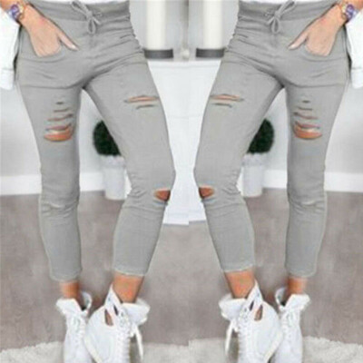 

Women Skinny Ripped Holes Jeans Nith Pants High Waist Stretch Pencil Trousers