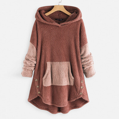 

Tailored Women Fleece Patchwork Plush Button Hem Plus Size Hoodie Top Sweater Blouse