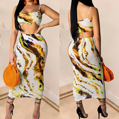 

Womens Tie Dye Knotted Crop Top & Sllinky Skirt Set Ladies Dresses Sundress