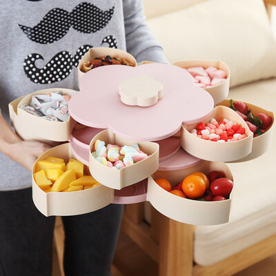 

Gobestart Double-layer Rotating Fruit Bowl Petal Shape Snack Storage Tray Home Living Room