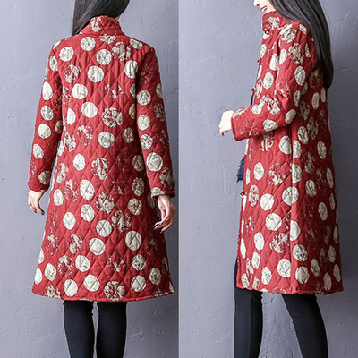 

Toponeto Women Winter Warm Cotton Linen Dot Print Buttons Pockets Long Coat Outwear