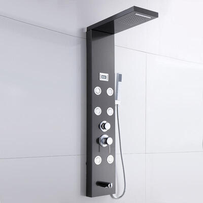

Greensen Stainless Steel Bathroom Shower Panel Black Column Mixer 6 Jet with Temperature Display