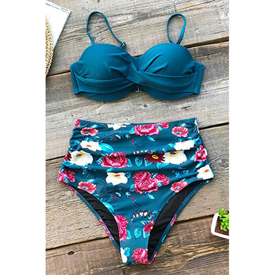 

Roseonmyhand Women Print Pleated Padded Two Pieces Bathing Suit Bikini Set Swimwear Swimsuit