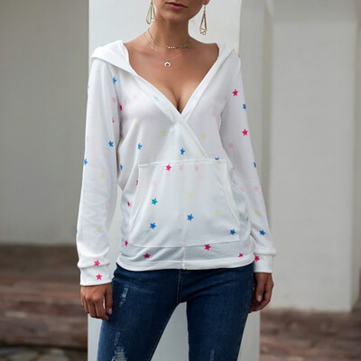 

Autumn New Hooded Stars Sexy Deep V-neck Print Pocket Hooded Sweatshirt