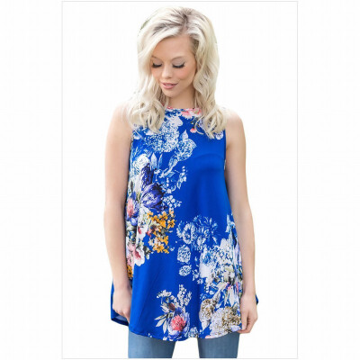 

High-neck sleeveless floral print vest-style casual straight top