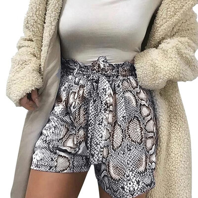 

Sexy Women Leopard Snakeskin Print Shorts Elastic High Waist Sashes Fashion Loose Wide Leg Short Pants