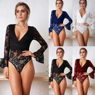 

Women&39s Deep-V Lace Sheer Floral Bodysuit Long Sleeve Romper Clubwear Jumpsuit