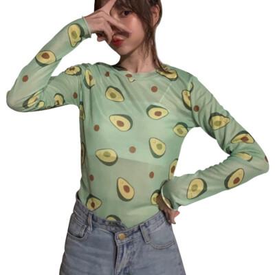 

Womens Retro Casual O Neck Avocado Print Long Sleeve T-shirt