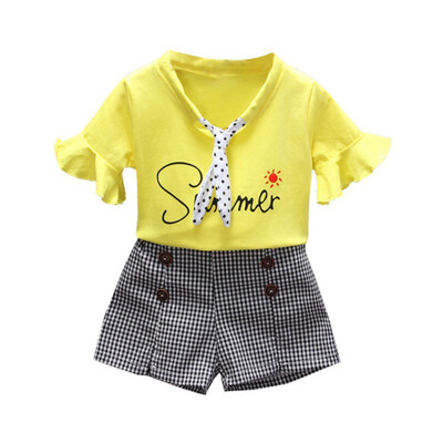 

Girl Shorts Set Summer Children Baby Girls Casual Flare Sleeve Tops Letter Print T-shirtShorts Suits Costume Set