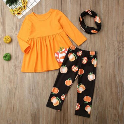 

US Baby Girl Long Sleeve Top Pants Scarf Halloween Pumpkin Outfit Kid Clothes
