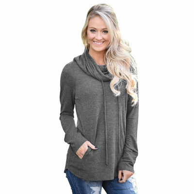 

Solid color collar long sleeve two pockets casual pullover sweatshirt womens