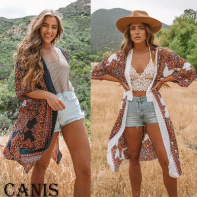 

US Boho Womens Long Sleeve Lace Floral Kimono Cardigan Blouse Casual Jacket Tops