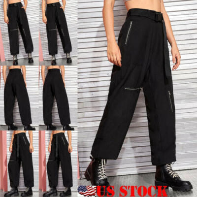 

Women Push Buckle Belted Zip Detail Pants Casual Loose Cargo Pant With the Belt