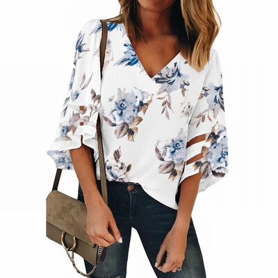 

Vintage printed shirt Womens V-neck speaker seven-point sleeve loose top