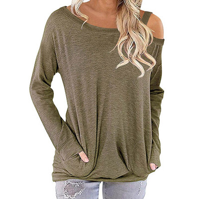 

Women Autumn Winter Fashion Casual Top with Pockets Pure Color T-shirt Loose Oblique collar Long sleeve T-Shirt