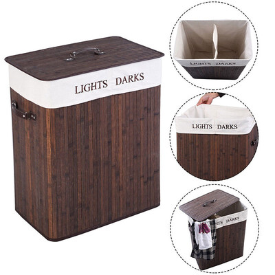 

Bamboo Laundry Hamper 2 Sorter Basket Washing Clothes Storage Bin