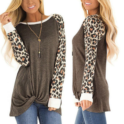 

Womens Leopard Long Sleeve Blouse Tee Ladies O Neck Casual Loose Tops T-Shirt