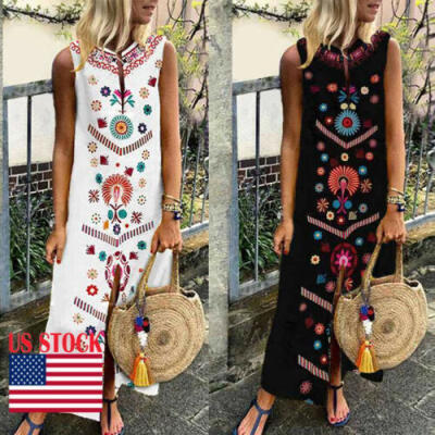 

Women Sleeveless Bohemia Long Maxi Dress Summer Beach Party Sundress Shirt Dress