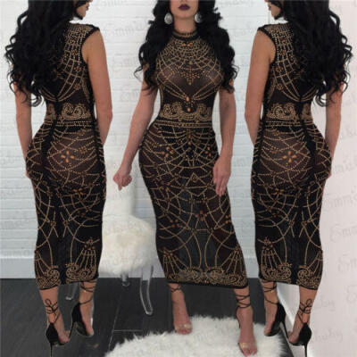 

Sexy Women Clubwear Sleeveless Party Dress Bodycon Long Skirt Transparent Club