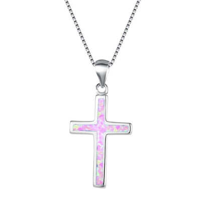 

Simple&Lovely 925 Silver White Fire Opal Cross Pendant Necklace