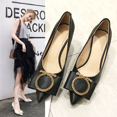 

The first layer of leather high heels womens new metal rhinestone pointed single shoes womens wi