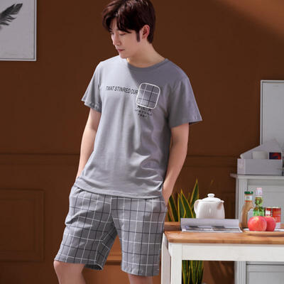 

Mens Short-sleeved Cotton Housewear Summer Style Round-Collar Simple Casual Pajama Suit