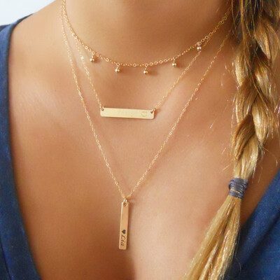 

Europe&the United States small sexy layered items decorated metal sheet multi-layer small beads handmade curved needle necklace three-layer jewelry