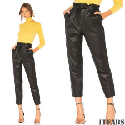 

Women High Waist Casual Loose Solid Paperbag PU Leather Stretch Black Trousers