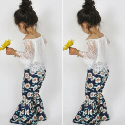 

US Princess Infant Baby Girl Clothes Lace TopsSunflower Flared Pants Outfit Set