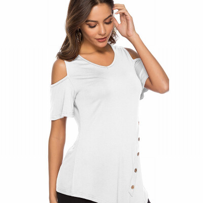 

Solid color bottoming shirt womens V-neck short-sleeved button top