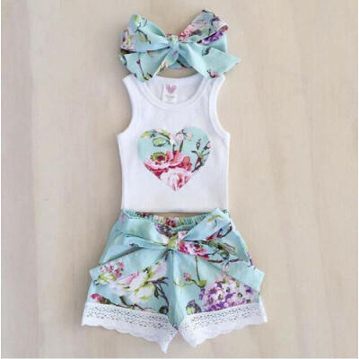 

USA Toddler Baby Girl Clothes Floral Tops Shorts Pants Headband 3PCS Outfits Set