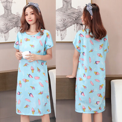 

Korean Style Cute Cartoon Printed Nightdress Womens Summer Short-Sleeved Loose Comfy Milk Silk Home Loungewear Female Pyjamas