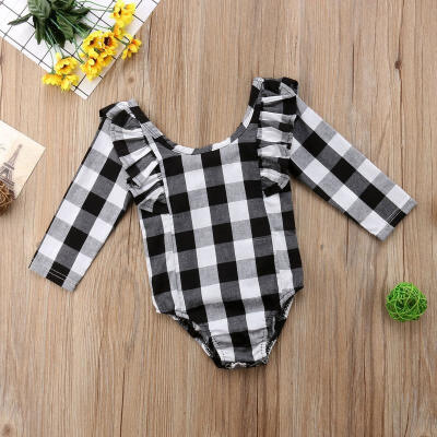 

Infant Newborn Baby Girls Cotton Plaid Long Sleeve Bodysuit Romper Clothes Set