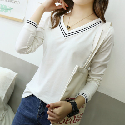 

Korean Women Cotton Simple Striped V-neck Plus Velvet Slim Long-sleeved Knitted T-shirt