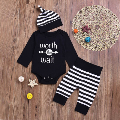 

Newborn Infant Baby Boys Girls Letter RomperStripe Pants Hat 3pcs Clothes Set