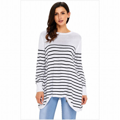 

Round neck long sleeve striped stitching loose headdress irregular casual knit sweater