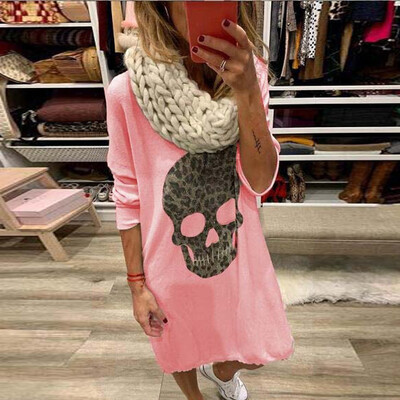 

Tailored Women Autumn Skull Print Solid Color Long Sleeves Loose O Neck Casual Mini Dress