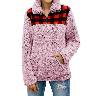 

Available New Women Fashion Winter Warm Long Sleeve Coat Thick Lambswool Plaid Stitching Jacket Outwear Hoodie