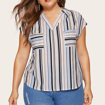 

Nomeni Plus Size Womens Casual V-Neck Stripe Print Tops Sleeveless T Shirt Tee Blouse