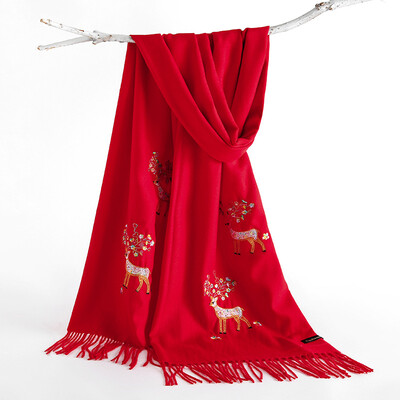 

New double-headed sika deer multicolored yarn embroidery solid color light thorn wool imitation cashmere scarf female warm shawl wholesale